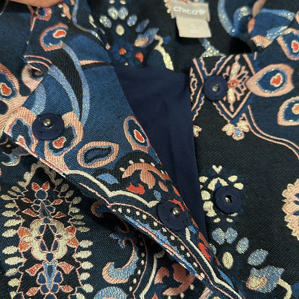 CHICOS 0 Jacquard Embroidered Jacket Blue Metallic Lined Career Boho- Women’s - Picture 6 of 12